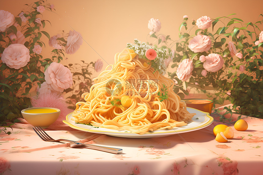 餐桌上的意大利面图片