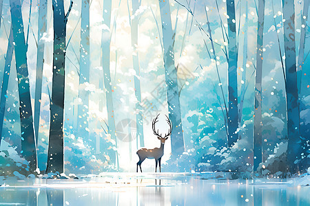 冬日宁静森林湖畔的鹿图片