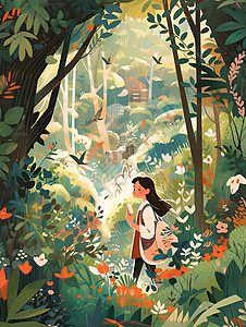 女孩漫步森林图片