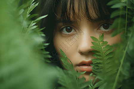 女性肖像蕨叶背后的女子背景