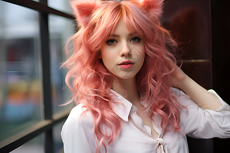 粉色头发美女粉发美女与猫耳背景