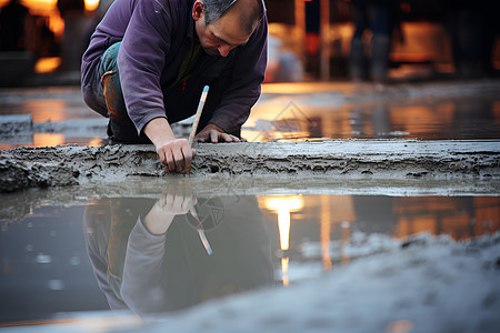 水泥地面建筑工人在测量混凝土背景