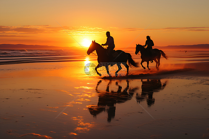 夕阳下的沙滩骑行图片