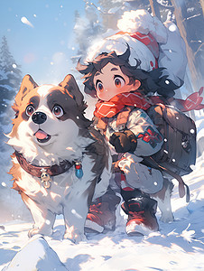 雪地里的狗狗和男孩图片