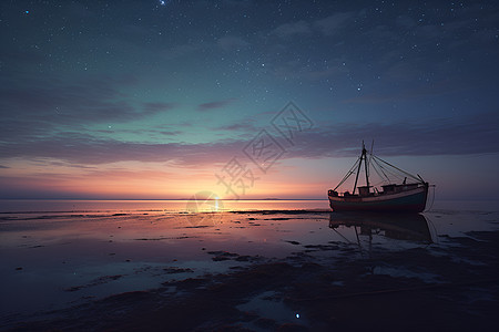 夕阳海洋沙滩上的船只图片