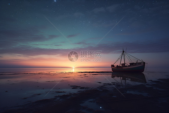 夕阳海洋沙滩上的船只图片