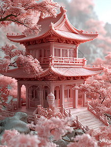 粉色的传统建筑模型图片