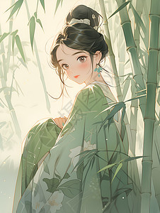 竹林中的女孩插画图片