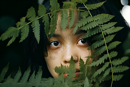 蕨类植物后的女子图片