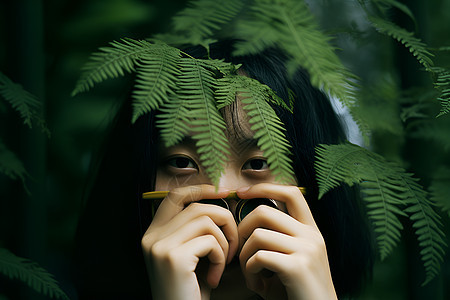 蕨类植物后的女人图片