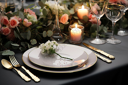 餐桌上的盘子和蜡烛高清图片
