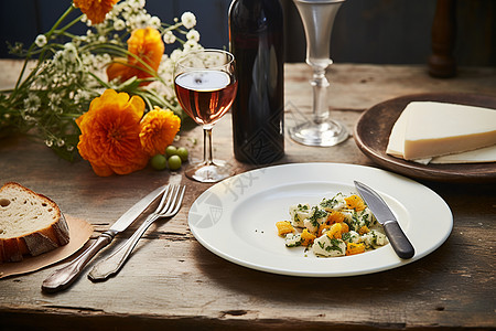 桌面上的食物和红酒背景图片