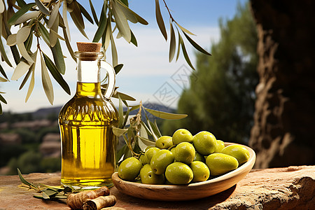 桌面上的橄榄果和橄榄油图片