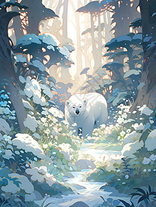 白熊漫步冰雪森林图片素材