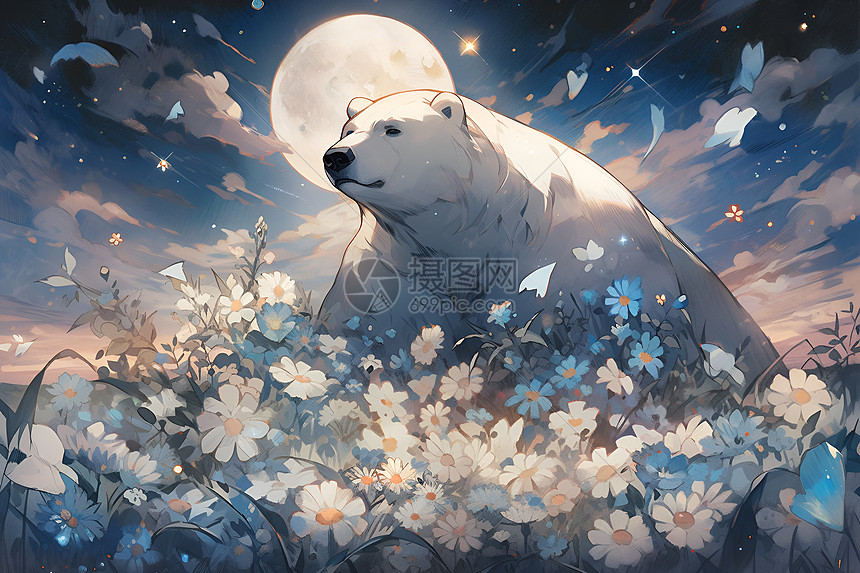 寒夜北极熊与花海图片