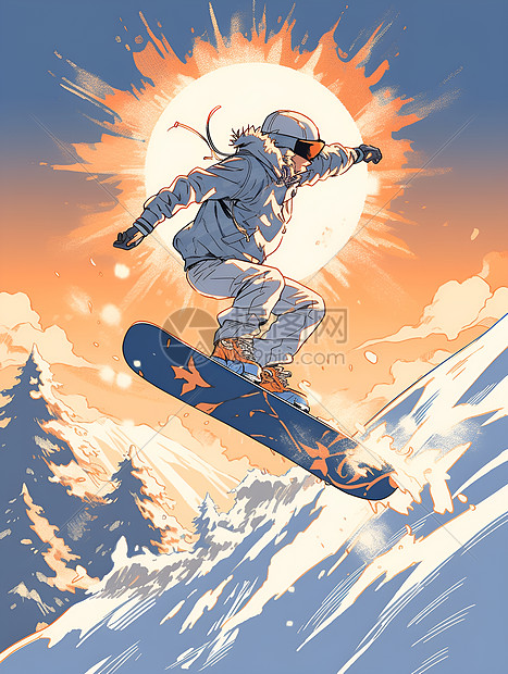 夕阳下的飞跃滑雪者图片
