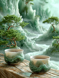 茶杯与山水画图片