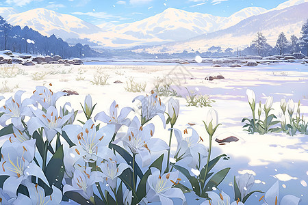 冬季雪山中绽放的百合花花朵图片