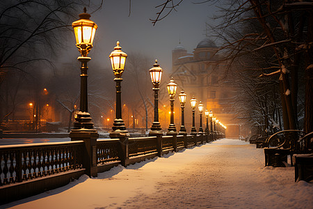 雪景冬夜冬夜银装素裹的城市街道背景