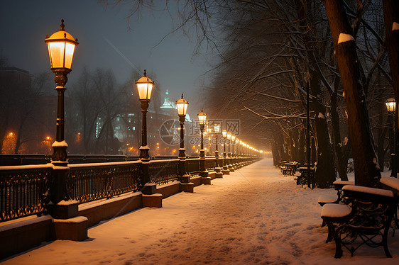 寒夜中的长椅和街灯图片