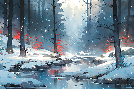 梦幻的白雪丛林艺术插图背景图片