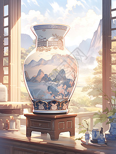 中式古风的山间风景花瓶图案背景图片