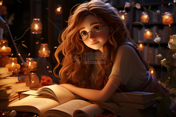 夜晚阅读书籍的小女孩图片