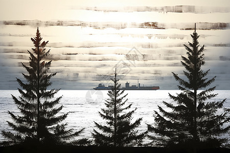夏季日出湖边的冷杉树图片