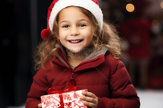 一个戴着圣诞帽的小女孩拿着礼物图片