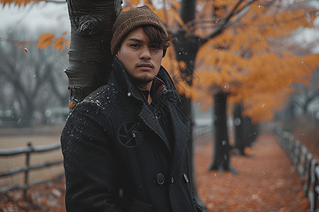 寒雪中的黑衣男子图片