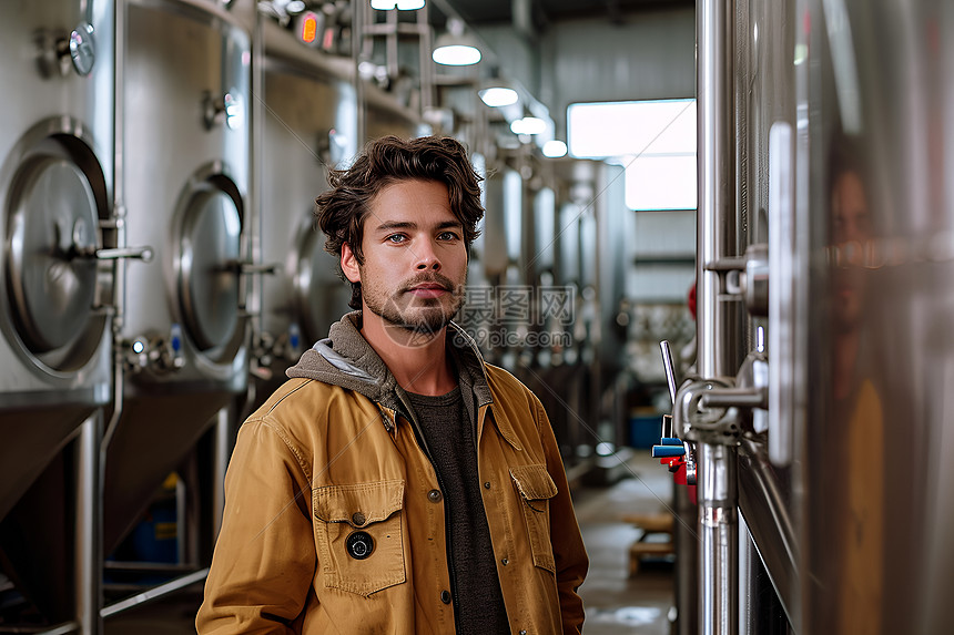 啤酒工厂中的一名穿着棕色衬衫的男子图片