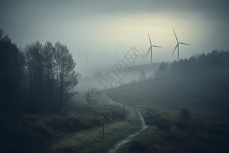 大雾下的风力涡轮机图片
