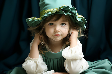 戴着绿色帽子的女孩图片