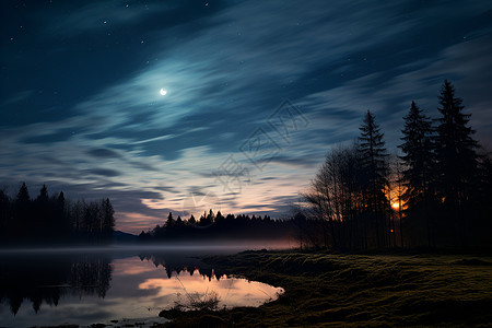 夜幕下的湖泊与满月图片