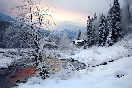 雪中山林的河流图片