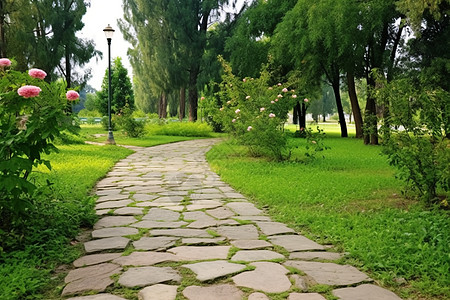 石头草地绿意盎然的公园小径背景