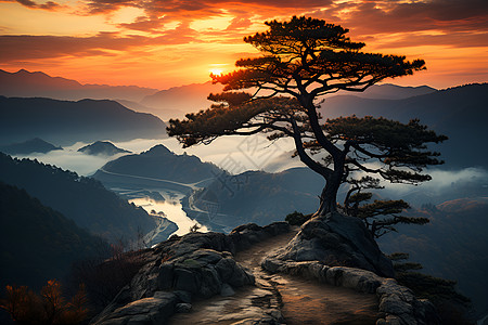 黄山日落山顶的松树背景