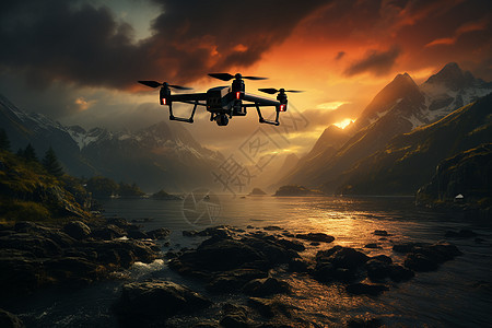 山脉中飞行的无人机图片