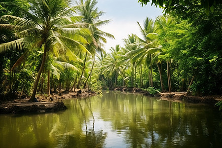 热带树林中的河水背景图片
