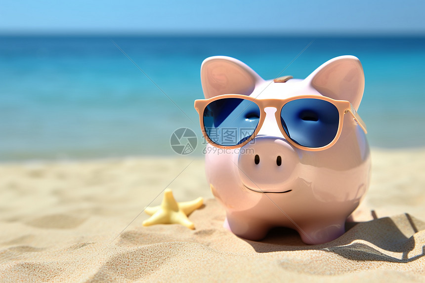 悠闲夏日中的海滩小猪图片