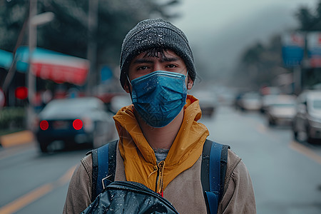 街头带着口罩的男人背景图片