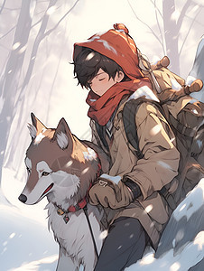 山谷中的小男孩和孤狼背景图片