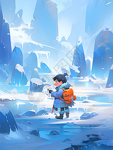 冰封山峦中探险的小男孩背景图片