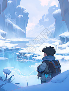 冰川中探险的小男孩背景图片
