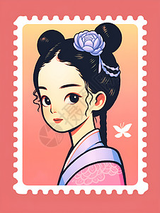 手绘艺术的邮票少女插图背景图片