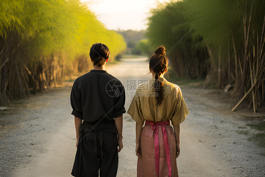 站在道路上的一对男女图片