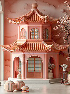 淡粉色的古代阁楼模型图片