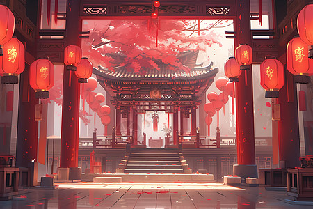 红灯笼悬挂的寺庙图片