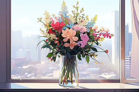 窗台上新鲜的花朵背景图片