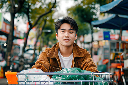 男子推购物车图片